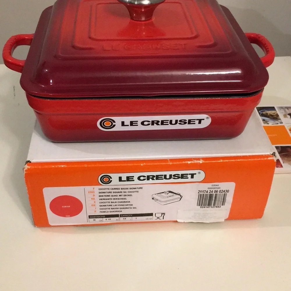 NWT Le Creuset 3 Qt Square Cocotte Cerise Red Cast Iron Dutch Oven